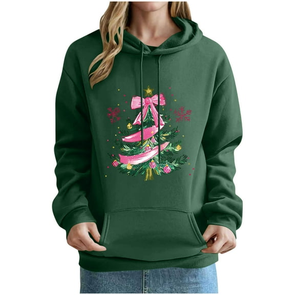 Enjoytime Womens Sweatshirt Christmas Printed Casual Pullover Hoodie Cute Xmas Holiday Long Sleeve Hoodies with Pockets 2025 Army Green L
