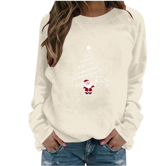 Enjoytime Womens Sweatshirt Christmas Tree Graphic Crewneck Long Sleeve Tops Casual Loose Pullover Sweatshirts Fall Winter Fashion Clothing Beige L