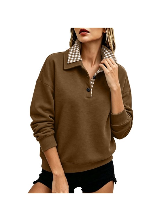 Womens Sweatshirt Collared Long Sleeve Half Button Pullover Tops Fall Winter Comfy Trendy Casual Sweatshirts