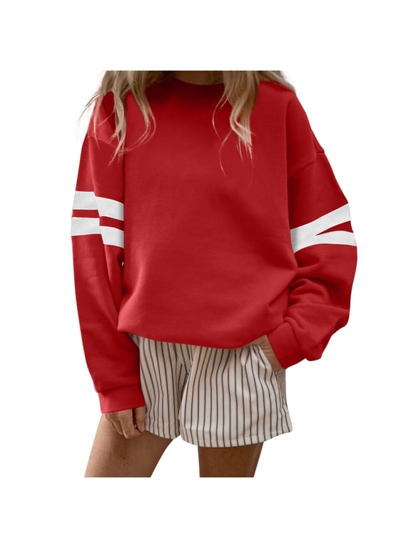 Womens Sweatshirt Fashion Patchwork Long Sleeve Pullover Tops Casual Loose Crew Neck Sweatshirts Red S