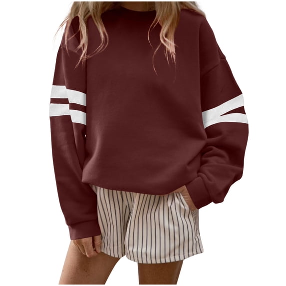 Enjoytime Womens Sweatshirt Fashion Patchwork Long Sleeve Pullover Tops Casual Loose Crew Neck Sweatshirts Wine S