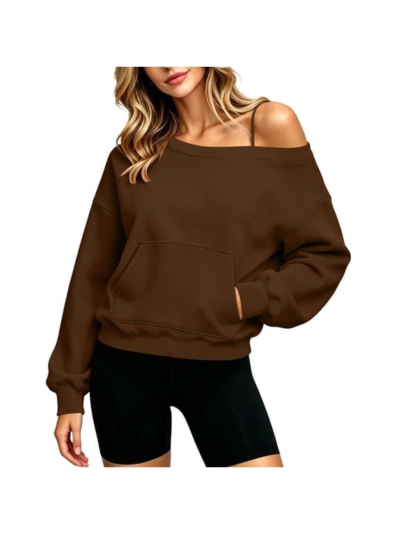 Womens Sweatshirt Long Sleeve Casual Pullover Tops Fall Fashion Soft Off Shoulder Sweatshirts with Straps