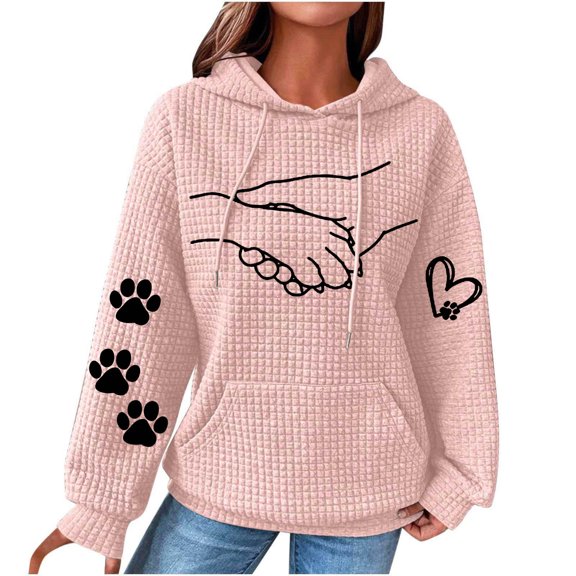 Enjoytime Womens Sweatshirt Plus Size Cute Printed Long Sleeve Drawstring Waffles Pullover Tops Loose Sweatshirt with Pocket Hoodies for Women