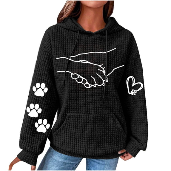 Enjoytime Womens Sweatshirt Plus Size Cute Printed Long Sleeve Drawstring Waffles Pullover Tops Loose Sweatshirt with Pocket Hoodies for Women