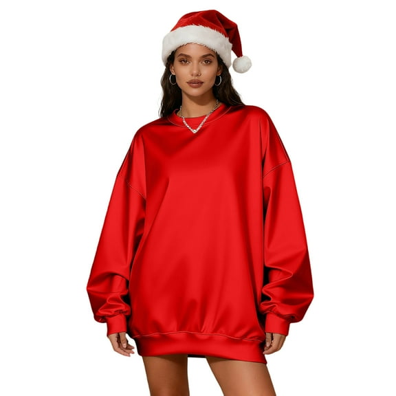 Enjoytime Womens Sweatshirt Solid Color Long Sleeved Pullover Tops Fall Fashion Loose Crewneck Sweatshirts Casual Winter Clothes 2025 Red L