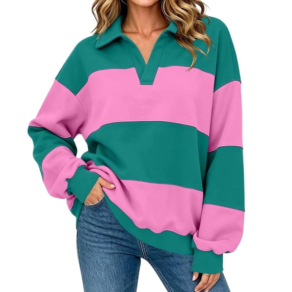 Enjoytime Womens Sweatshirt Striped V-Neck Long Sleeve Pullover Tops Fall Fashion Loose Casual Lightweight Sweatshirts