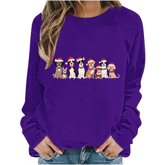 Enjoytime Womens Sweatshirts Christmas Cute Printed Long Sleeve Pullover Tops Fall Winter Casual Fashion Crewneck Sweatshirt Purple XS