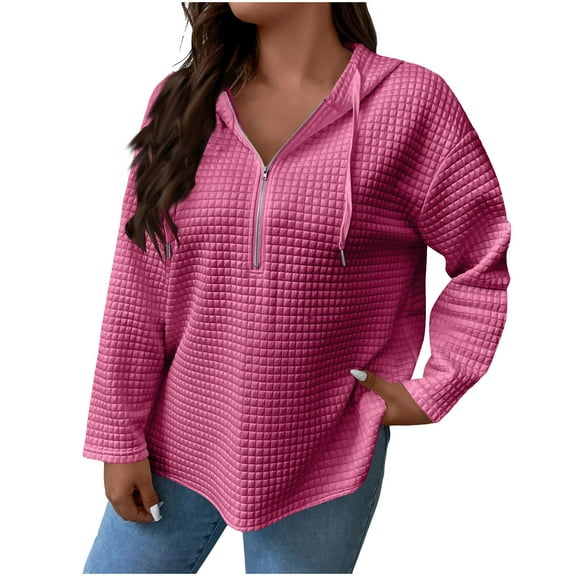 Enjoytime Womens Sweatshirts Solid Color V-Neck Quarter Zip Pullover Hoodies Casual Loose Long Sleeve Oversized Sweatshirt Hot Pink L