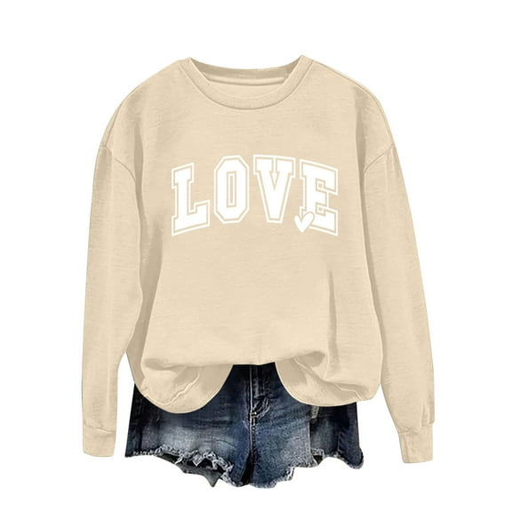 Enjoytime Womens Sweatshirts Valentine's Day Heart Printed Long Sleeve Crewneck Sweatshirt Fashion Casual Pullover Tops Beige S