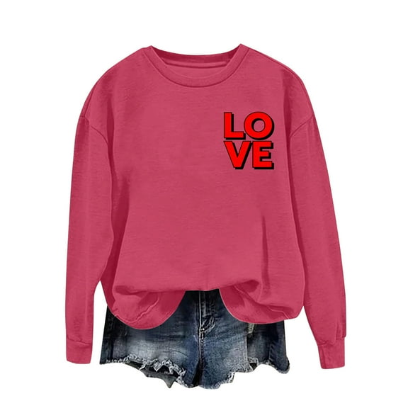 Enjoytime Womens Sweatshirts Valentine's Day Printed Long Sleeve Crewneck Pullover Tops Casual Loose Fashion Clothing Hot Pink M