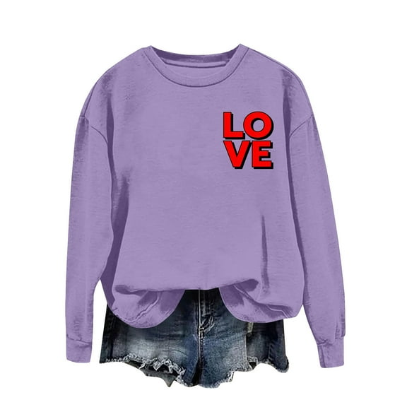 Enjoytime Womens Sweatshirts Valentine's Day Printed Long Sleeve Crewneck Pullover Tops Casual Loose Fashion Clothing Purple L