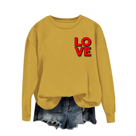 Enjoytime Womens Sweatshirts Valentine's Day Printed Long Sleeve Crewneck Pullover Tops Casual Loose Fashion Clothing Yellow L