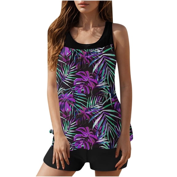 Enjoytime Womens Swimsuits 2 Piece Floral Printed Sleeveless Tankini Swimsuit Tummy Control Flowy Tops with Shorts Bathing Suit