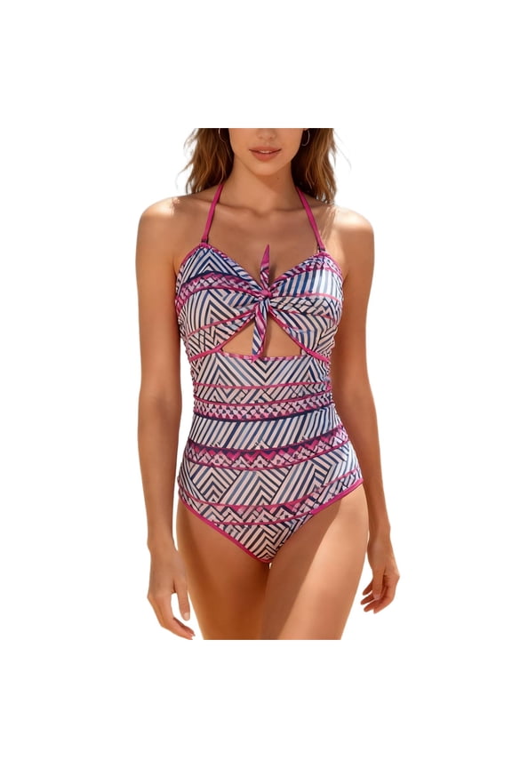 Womens Swimsuits Halter Front Tie Knot Tummy Control 1 Piece Bathing Suits High Waisted Cut Out Swimwear
