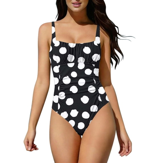 Enjoytime Womens Swimsuits One Piece Ruched Polka Dots Bathing Suit Square Neck Monokini Modest Tummy Control Swimwear