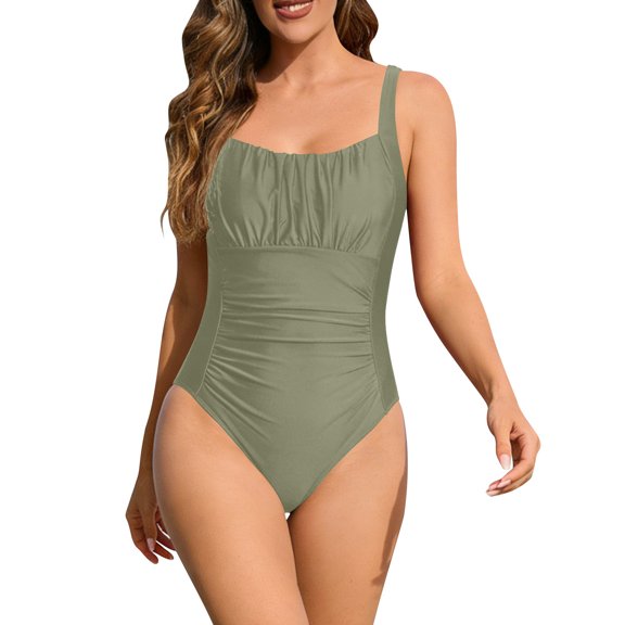 Enjoytime Womens Swimsuits One Piece Square Neck Tummy Control Bathing Suit Adjustable Straps Ruched Swimwear 2026