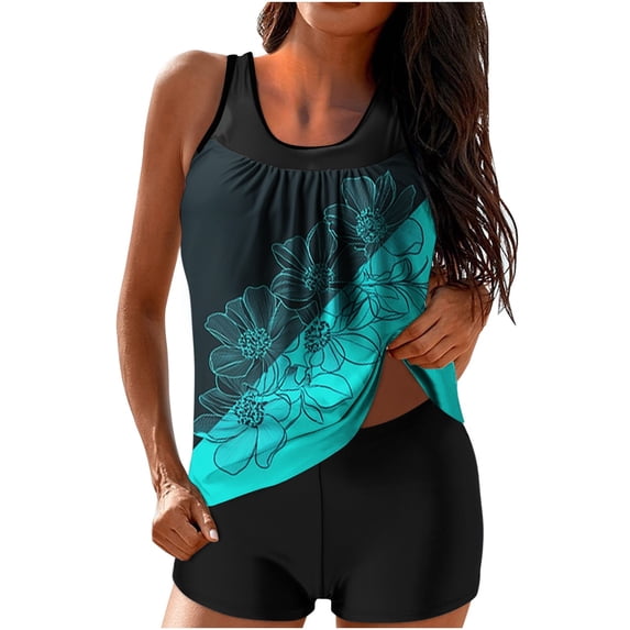 Enjoytime Womens Swimsuits Printed Tummy Control Two Piece Bathing Suit Modest Flowy Swim Tops with Shorts Swimwear
