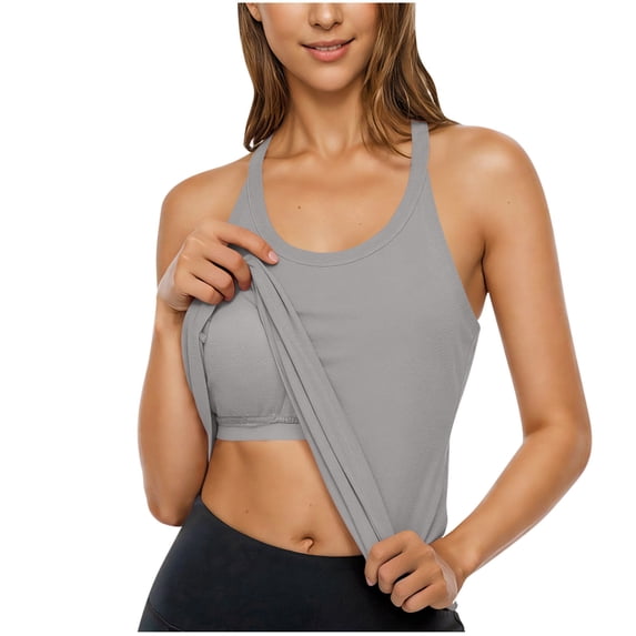 Enjoytime Womens Tank Tops Solid Color Round Neck Sleeveless Blouses Workout Yoga Running Activewear with Chest Pad Gray S