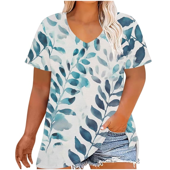 Enjoytime Womens Tops Casual Printed V-Neck Short Sleeve Blouse Summer Plus Size Fashion Work Shirts
