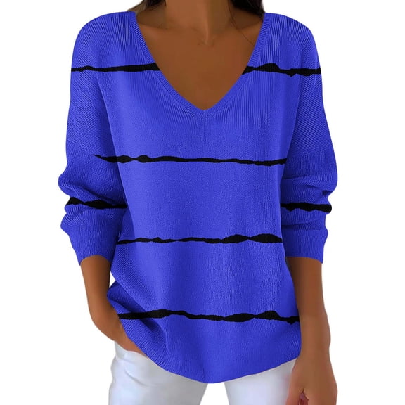 Enjoytime Womens Tops Casual Striped V-Neck Long Sleeve Shirt Fall Winter Trendy Business Work Plus Size Blouse Blue XXL