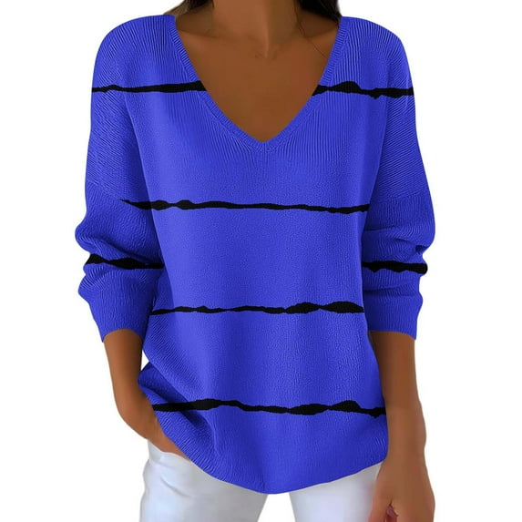 Enjoytime Womens Tops Casual Striped V-Neck Long Sleeve Shirt Fall Winter Trendy Business Work Plus Size Blouse Blue XXXXXL