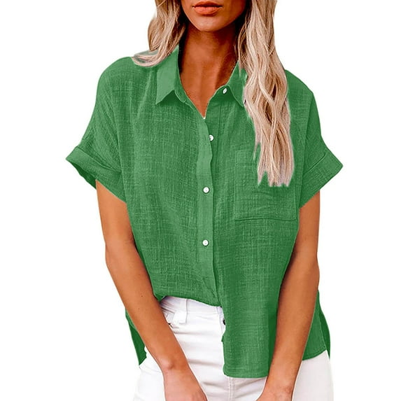 Enjoytime Womens Tops Dressy Casual Solid Color Collared Button Down Shirt Business Work Trendy Short Sleeve Blouses Plus Size Clothes Green XXXL