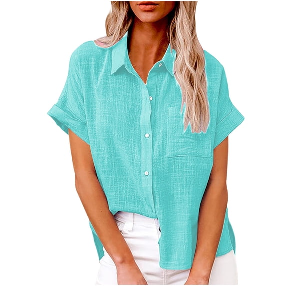 Enjoytime Womens Tops Dressy Casual Solid Color Collared Button Down Shirt Business Work Trendy Short Sleeve Blouses Plus Size Clothes Light Blue L