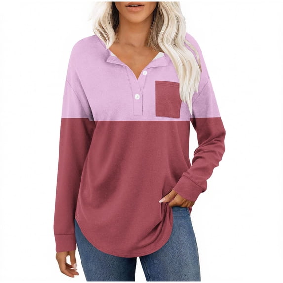 Enjoytime Womens Tops Fashion Patchwork V-Neck Button Down Shirts Business Casual Long Sleeve Blouses Fall Wnter Trendy Clothes 2025 Watermelon Red XXL
