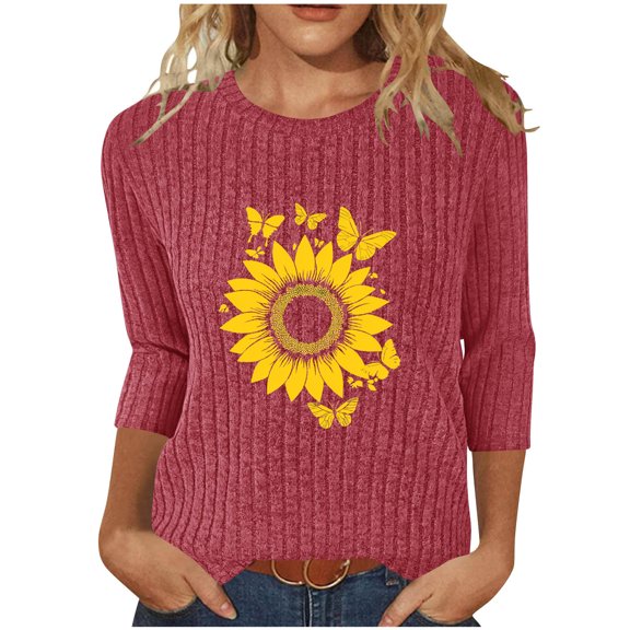 Enjoytime Womens Tops Fashion Printing Crew Neck 3/4 Sleeve Blouses Fall Winter Business Casual Work Shirts Wine L