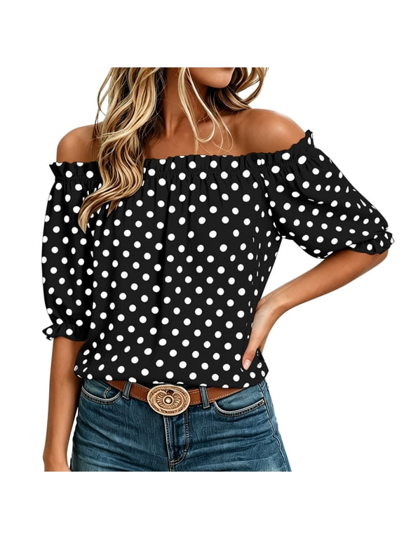 Womens Tops Polka Dots Off The Shoulder Puff Short Sleeve Shirts Fashion Business Casual Plus Size Blouse