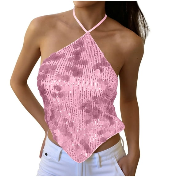 Enjoytime Womens Tops Solid Color Lace Hanging Neck Sequin Camisoles Lightweight Casual Trendy Fashion Cropped Tops Pink XL