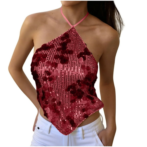 Enjoytime Womens Tops Solid Color Lace Hanging Neck Sequin Camisoles Lightweight Casual Trendy Fashion Cropped Tops Wine S