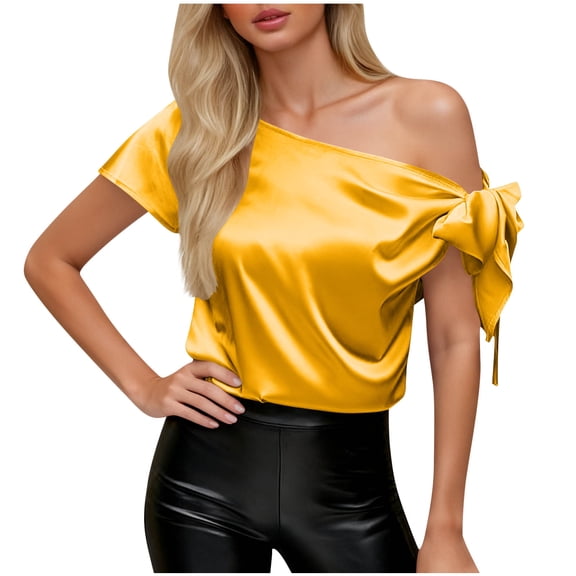 Enjoytime Womens Tops Solid Color Off Shoulder Silk Short Sleeve Blouses Asymmetrical Neck Satin Fashion Business Casual Shirt