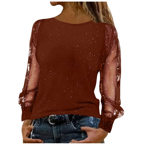 Enjoytime Womens Tops Solid Color Round Neck Long Sleeve Blouse Trendy Fashion Casual Patchwork Shirts Brown S