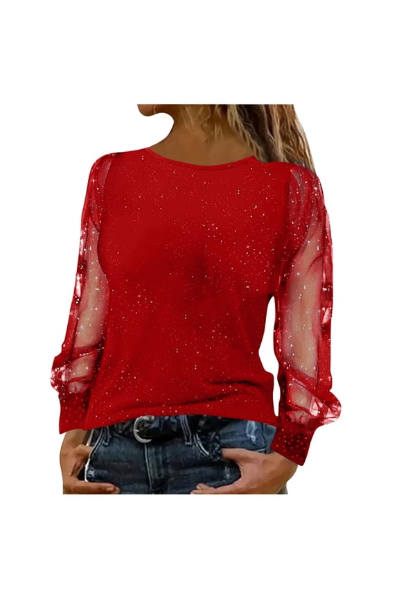 Womens Tops Solid Color Round Neck Long Sleeve Blouse Trendy Fashion Casual Patchwork Shirts Red L