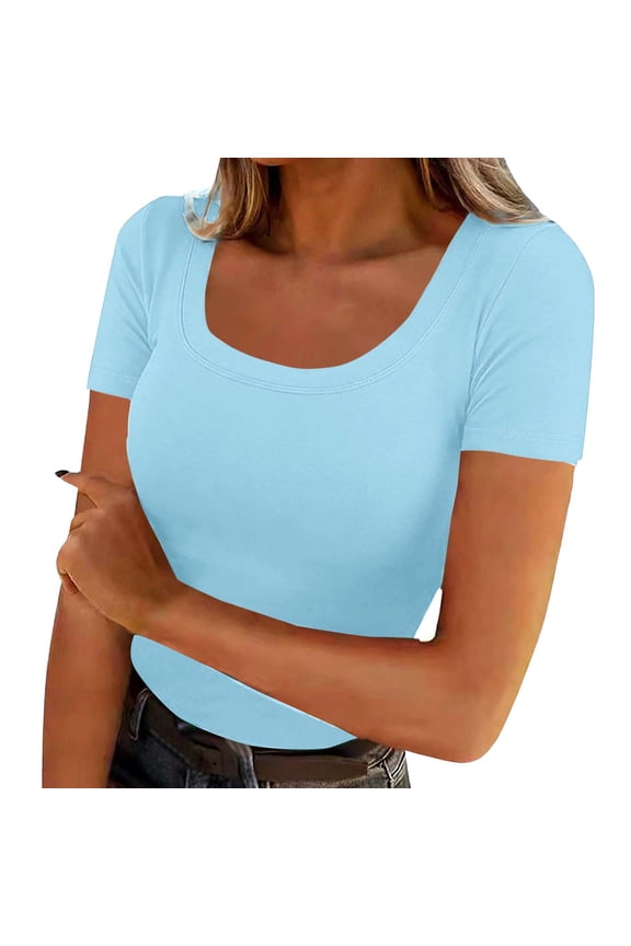 Womens Tops Solid Color U-Neck Slim Base Blouses Summer Casual Trendy Short Sleeve Shirts 2026 Light Blue XXL