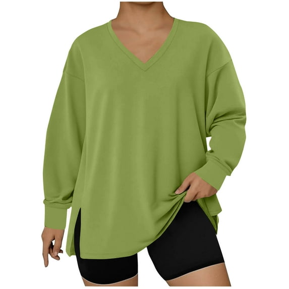 Enjoytime Womens Tops Solid Color V-Neck Hem Slit Long Sleeve Shirts Fall Winter Fashion Casual Plus Size Women Blouses Green XXL