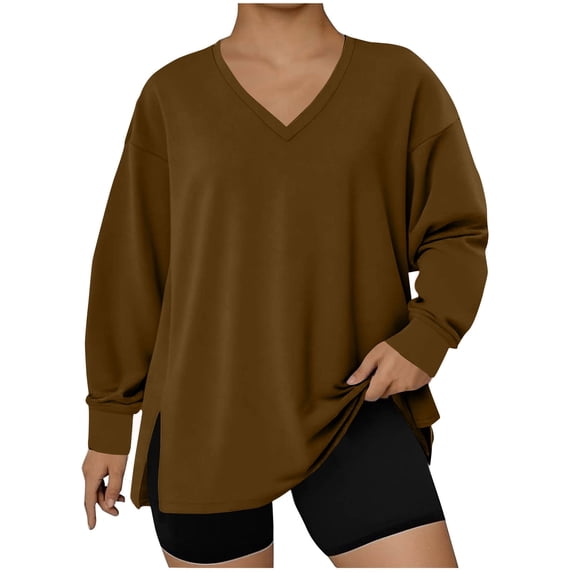 Enjoytime Womens Tops Solid Color V-Neck Hem Slit Long Sleeve Shirts Fall Winter Fashion Casual Plus Size Women Blouses Orange XXXXL