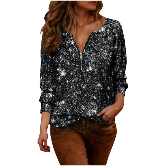 Enjoytime Womens Tops Solid Color V-Neck Long Sleeve Sequin Blouses Half Zipper Fashion Party Sparkly Dressy Shirts