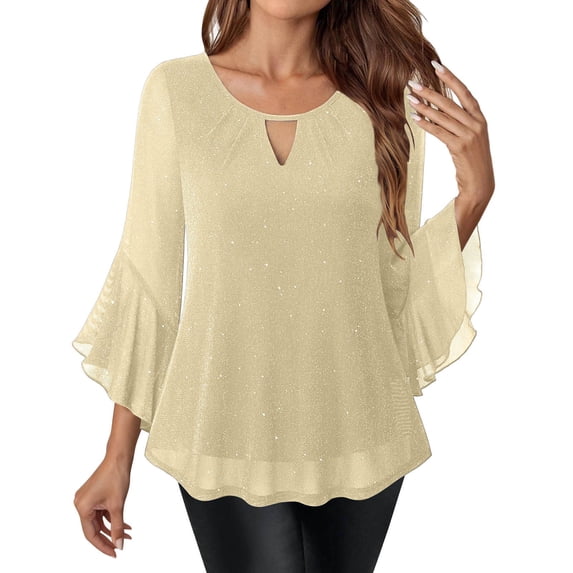 Enjoytime Womens Tops Solid Color V-Neck Mesh Ruffled 3/4 Sleeve Blouse Party Concert Elegant Dressy Sparkle Glitter Shirts Beige XL