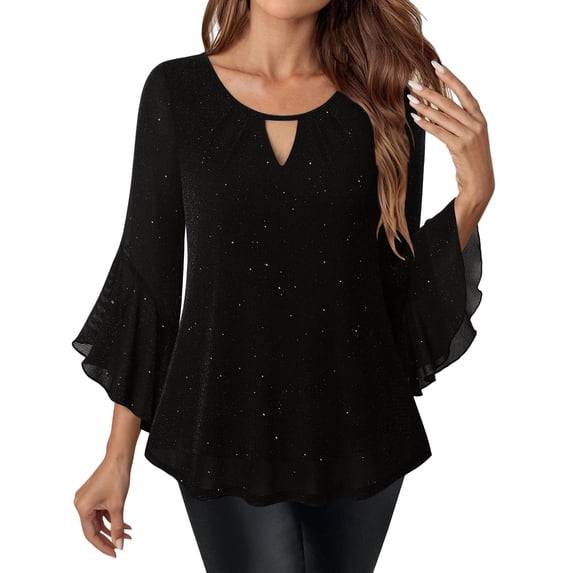 Enjoytime Womens Tops Solid Color V-Neck Mesh Ruffled 3/4 Sleeve Blouse Party Concert Elegant Dressy Sparkle Glitter Shirts Black XXL