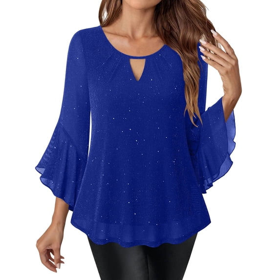Enjoytime Womens Tops Solid Color V-Neck Mesh Ruffled 3/4 Sleeve Blouse Party Concert Elegant Dressy Sparkle Glitter Shirts Blue L