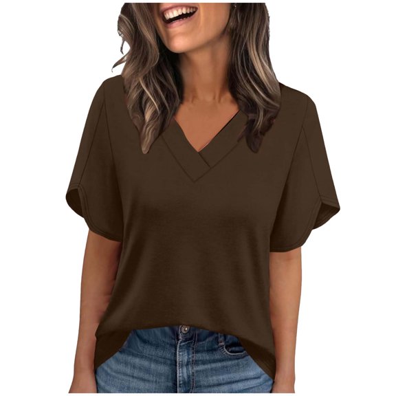 Enjoytime Womens Tops Solid Color V-Neck Ruffle Short Sleeve Blouses Spring Summer Causal Trendy Work Shirts 2026 Brown S