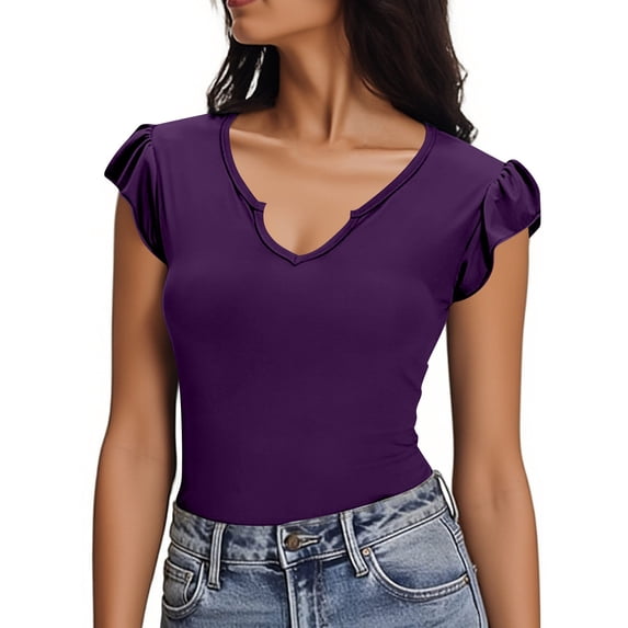 Enjoytime Womens Tops Solid Color V-Neck Ruffle Sleeve Crop Shirts 2026 Spring Summer Vacation Casual Clothes