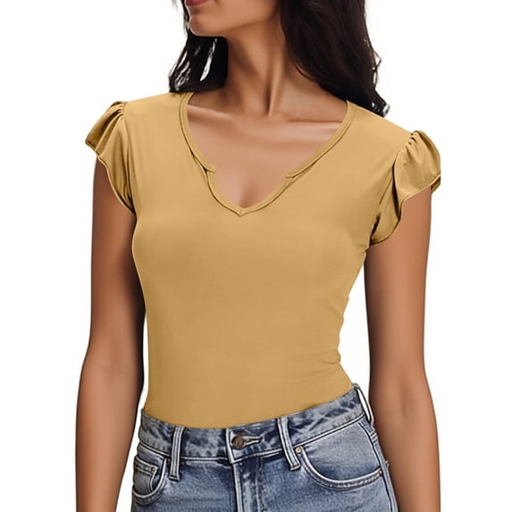 Enjoytime Womens Tops Solid Color V-Neck Ruffle Sleeve Crop Shirts 2026 Spring Summer Vacation Casual Clothes