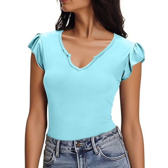 Enjoytime Womens Tops Solid Color V-Neck Ruffle Sleeve Crop Shirts 2026 Spring Summer Vacation Casual Clothes