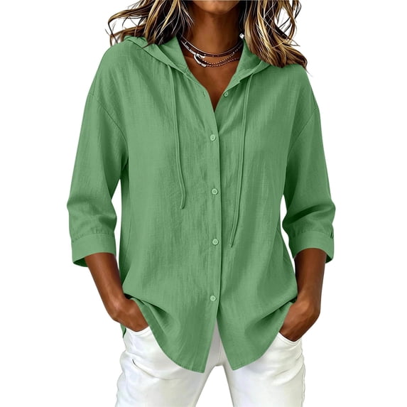 Enjoytime Womens Tops Solid Hooded 3/4 Sleeve Button Down Shirt Summer Casual Linen Plus Size Clothing 2026