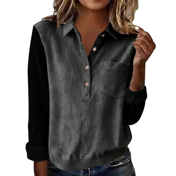 Enjoytime Womens Tops Trendy Patchwork Lapel Half Button Down Blouses Spring Trendy Casual Long Sleeve Shirts Gray XXL