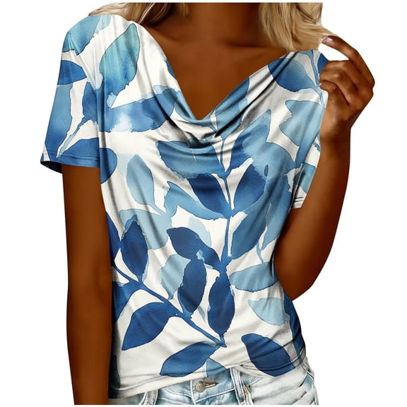 Enjoytime Womens Tops Trendy Printed Pile Collar Short Sleeve Blouse Summer Fashion Business Casual Work Shirt Light Blue M