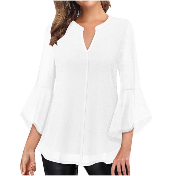 Enjoytime Womens Tops Trendy Solid Color Color V-Neck 3/4 Sleeve Shirt Sparkling Party Gathering Trendy Dressy Blouse White L